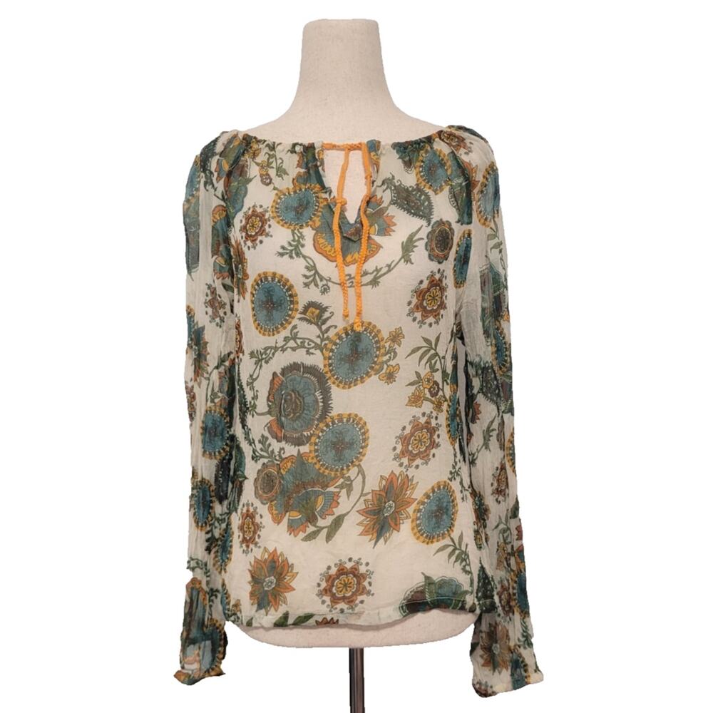 Y2k Johnny Cotton 100% Silk Sheer Floral Blouse Sz S Ivory Boho Hippie Festival